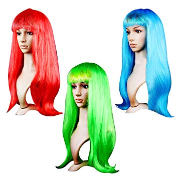 Colourful Long Tangle Free Wigs for Women - 3 Pack (68cm) Long Synthetic Fibre Optic Bob Wig with Elastic Headband Inside Wig Attached for Cosplay, Fancy dress & Halloween Parties (Red, Blue& Green)