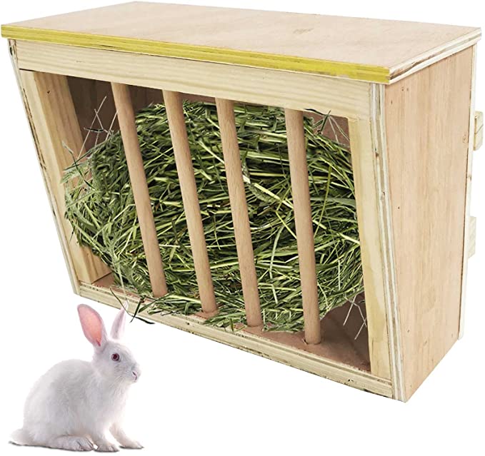 kathson Rabbit Hay Feeder Rack Wooden Food Feeding Manger Bunny Grass Holder Small Animals Less Wasted Food Dispenser for Rabbits Guinea Pig Chinchilla Hamster