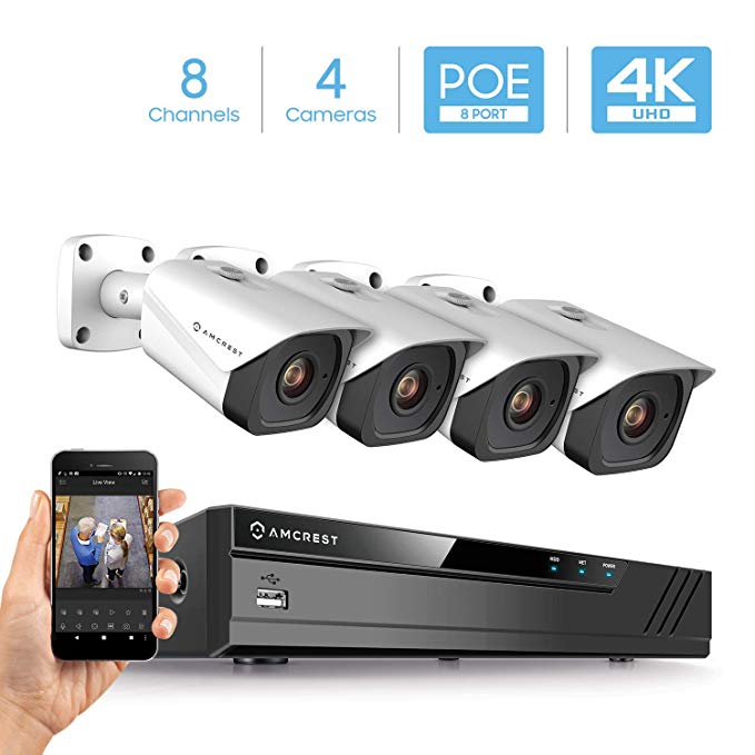 Amcrest 4K Security Camera System w/ 4K (8MP) 8CH PoE NVR, (4) x 4K (8-Megapixel) IP67 Weatherproof Metal Bullet POE IP Cameras (3840x2160), 2.8mm Wide Angle Lens, NV4108E-IP8M-2496EW4 (White)