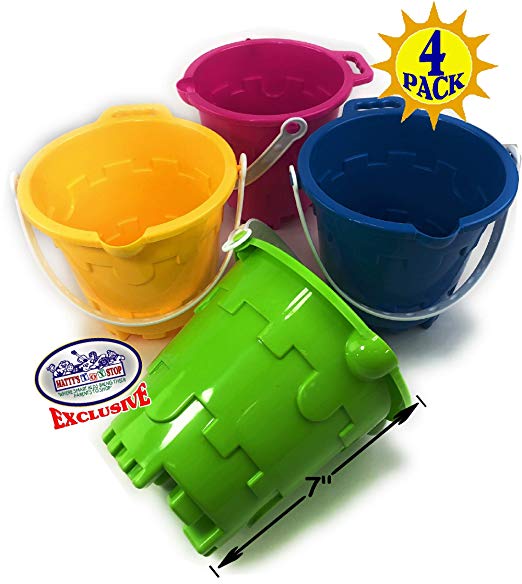 Matty's Toy Stop Beach Gear 7" Plastic Castle Mold Sand Buckets (Pails) with Easy Pour Spout and Handle Blue, Pink, Green & Yellow Party Set Bundle - 4 Pack