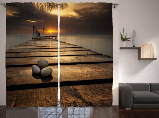 Ambesonne Scenic Wooden Bridge Decor Collection, Black Sea at Dusk Sunrise and Tranquil Scene Print, Window Treatments, Living Kids Girls Room Curtain 2 Panels Set, 108 X 90 Inches, Slate Grey Brown