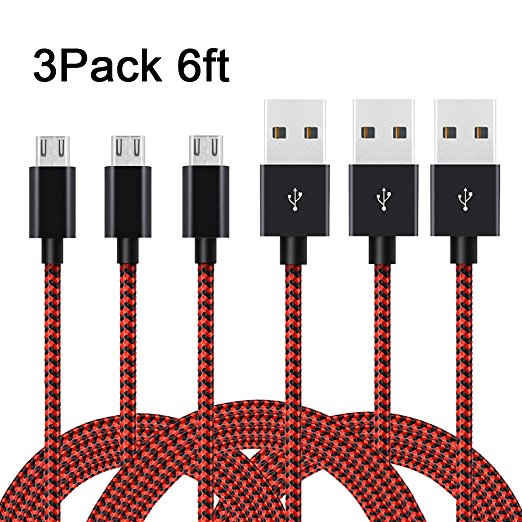 AOFU Micro USB Cable,3Pack 6FT Long Nylon Braided High Speed 2.0 USB to Micro USB Charging Cord Fast Charger Cable for Samsung Galaxy S7/S6/Edge,Android,Note 3/4/5,HTC,LG,Nexus-Black Red