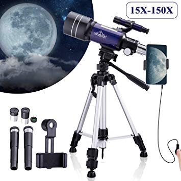 MAXLAPTER Telescope - Portable Travel Scope for Astronomy Beginners Kids, 300/70 HD Large View Telescopes with Camera Wire Shutter & Smartphone Adapter, Backpack-Blue