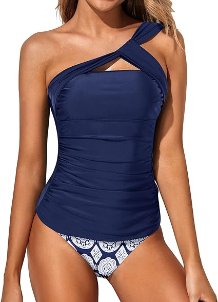 Tempt Me Two Piece Tankini Bathing Suits for Women One Shoulder Swim Top with Shorts Swimsuits, Blue, Large