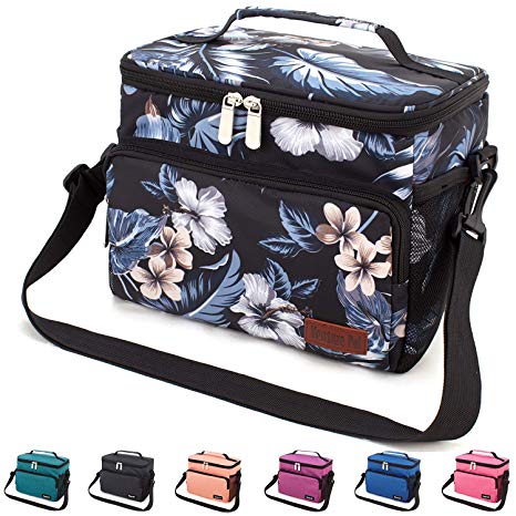 Venture Pal Leakproof Reusable Insulated Cooler Lunch Bag - Office Work School Picnic Hiking Beach Lunch Box Organizer with Adjustable Shoulder Strap for Women,Men and Kids-Black Flower