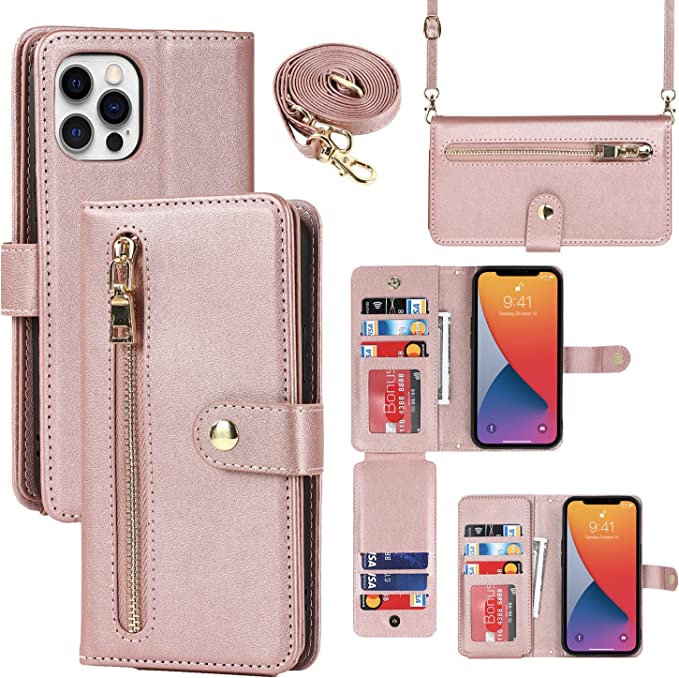 iCoverCase for iPhone 12/12 Pro Wallet Case with Card Holder, Adjustable Crossbody Lanyard PU Leather Kickstand Card Slots Zipper [Not Detachable] Flip Cover Case 6.1 Inch (Rose Gold)