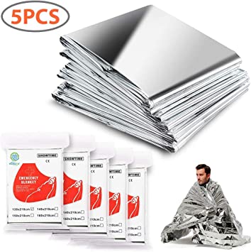 KONGDY 5 Pack Emergency Blanket Thermal Mylar Space Blanket Silver Foil Blanket Survival Blanket Windproof Waterproof Reusable Perfect Survival Gear for Outdoors, Camping, Hiking, Survival