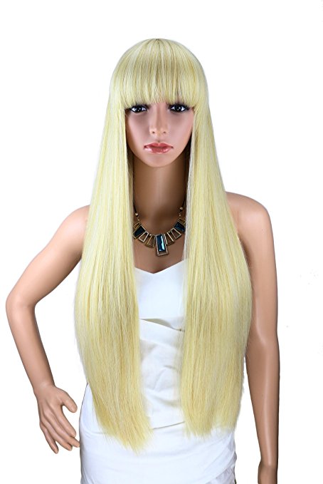 Kalyss 26 Inches Women's Long Straight Premium Synthetic Blonde Full Hair Wig with Hair Bangs