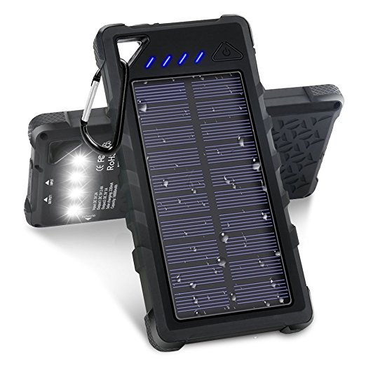 Solar Charger, 16000mAh Portable Solar Power Bank with IPX7 Waterproof Function, External Solar Panel Battery Pack Phone Charger with 4 LED Flashlights for iPhone 8/8 Plus, Samsung S8/Note 8 and More