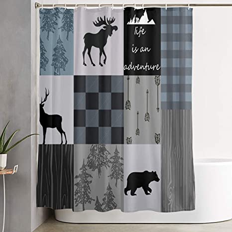 Carwayii Rustic Shower Curtain,Country Style Lodge Bear Deer Moose Bathtub Curtain for Farmhouse,Decorative Bathroom Curtain with 12 Hooks for Home Decor,Quick Dry Water Resistant Bath Curtain 72x72In