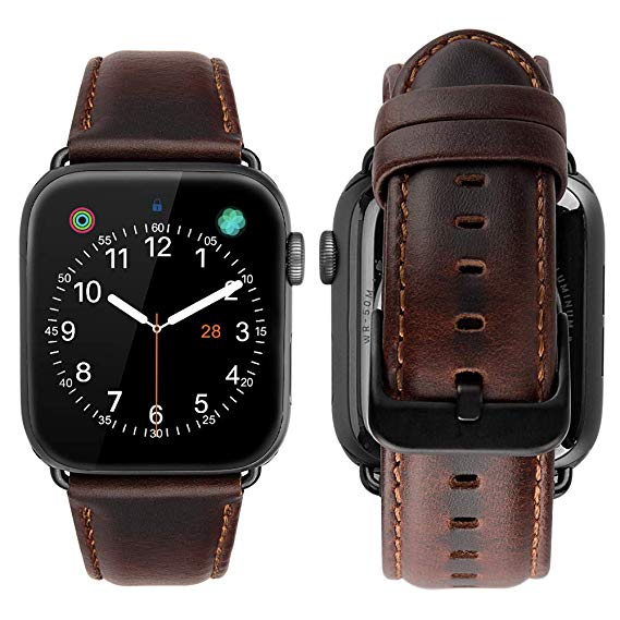 MroTech compatible for iWatch Strap 44mm 42mm Watch Band Genuine Vintage Leather Watchband Replacement for iWatch Series 4 44 mm and Series 1, Series 2, Series 3 42 mm (Coffee Strap/Black Adapters)