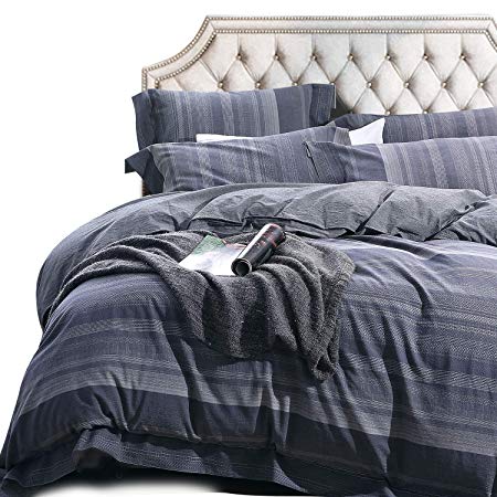 NTBAY Duvet Cover Set 3 Pieces, 100% Washed Cotton, Woven Striped Jacquard, Bedding Set, Queen, Dark Grey