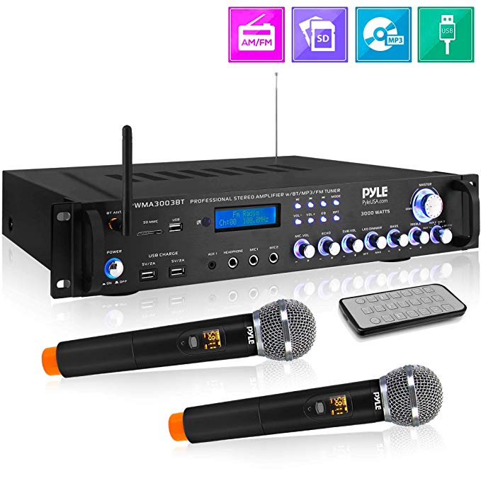 Bluetooth Home Audio Power Amplifier -4 Ch. 3000W, Stereo Receiver w/ Speaker Selector, FM Radio, USB, Headphone, 2 Wireless Mics for Karaoke, Great for Home Entertainment System - Pyle PWMA4001BT