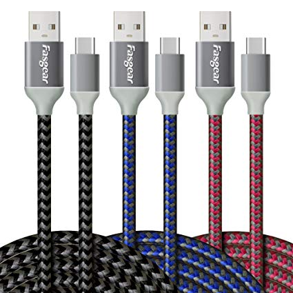 USB to USB C Cable (10ft), Fasgear [3 Pack] Long Type C Cable Nylon Braided Fast Charging Compatible with Galaxy Note 8 9 S8/S9/S10/S10 , LG V20/G6 and More (Blue/Black/Rose)