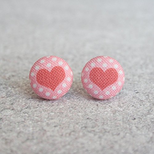 Polka Dot Heart Fabric Button Earrings