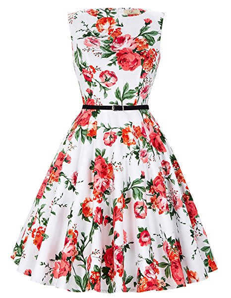 GRACE KARIN BoatNeck Sleeveless Vintage Tea Dress with Belt