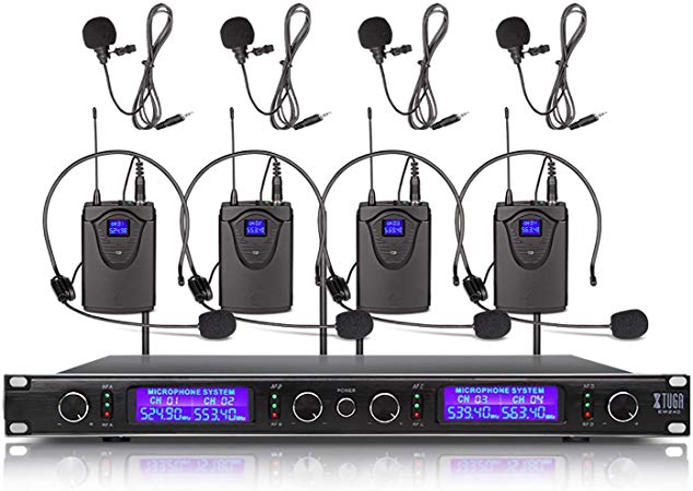 XTUGA EW240 UHF Rocket Audio 4 Channel Wireless Microphone System UHF Wireless Microphone System Metal Receiver with 4 bodapack for Stage Church Use for Family Party, Church, Small Karaoke Night