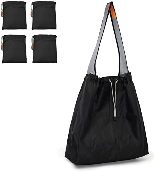 Patent Pending : EcoJeannie 4 Pack Large Super Strong Ripstop Nylon Foldable Draw-String Reusable Shopping Bag, Heavy-Duty Grocery Tote Bag with Built-in Pouch, Inner Pocket, and Reinforced Handle (Black-Black-Black-Balck)
