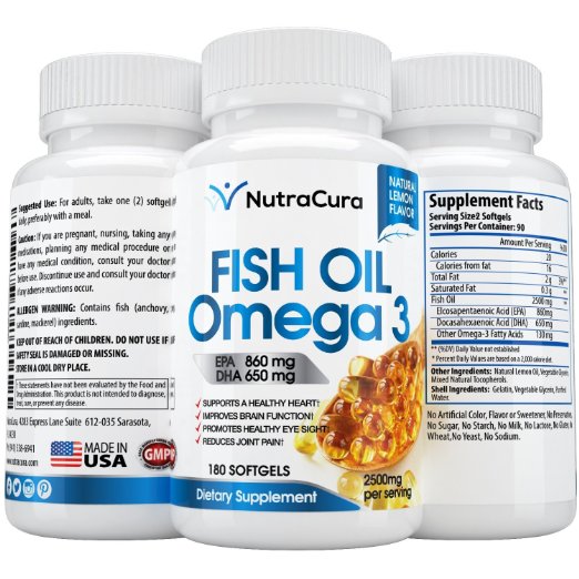 180 x Omega 3 Fish Oil Softgels - 2500mg Serve = 860 / 650 EPA DHA - Lemon Flavor and Burpless - Molecularly Distilled for Highest Purity - Made in the USA - For Men, Women & Children