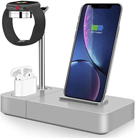 TGHUNAG Wireless Charging Station 3 in 1 Wireless Charger Stand for Phone Watch and Airpods Qi Fast Charger Dock （Included Watch Charger）(Silver)