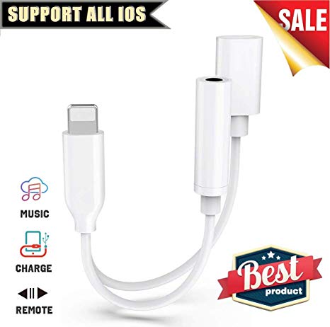 Headphones Adapter for iPhone Adapter Charger Adapter Cable 3.5mm Splitter Jack Dongle Aux Audio Earphones for iPhone 7/7P/8/8P/X/XS/XR Accessory Connector Support All iOS