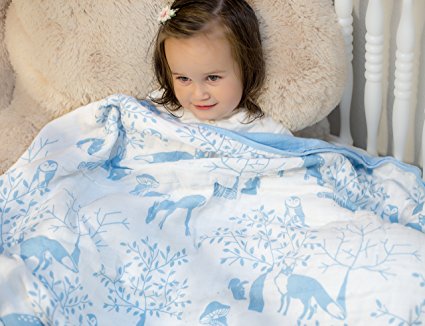 Organic Muslin Baby Toddler Blanket - 100% Hypoallergenic Cotton Bed Blankets - Blue Forest by Clover & Sage