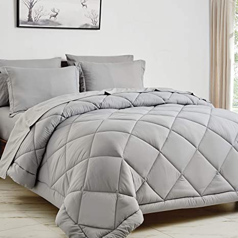 CozyLux Full/Queen Bed in a Bag 7-Pieces Comforter Sets with Comforter and Sheets Light Grey All Season Bedding Sets with Comforter, Pillow Shams, Flat Sheet, Fitted Sheet and Pillowcases