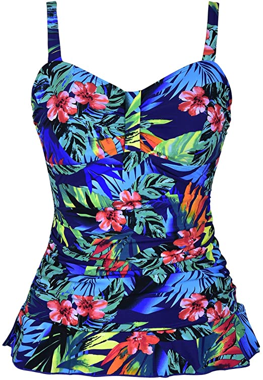 Hilor Women's 50's Retro Ruched Tankini Swimsuit Top with Ruffle Hem