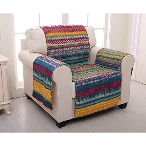 MN 1 Piece Orange Red Southwest Chair Protector, Blue Grey Geometric Stripe Pattern Southwestern Theme Protection Couch Hippie Style Motif Chevron Striped Boho Chic Furniture Cover Pets, Polyester