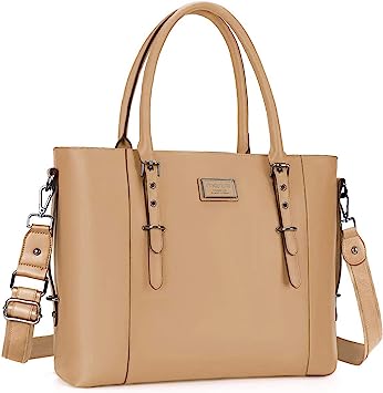 MOSISO PU Leather Laptop Tote Bag for Women (15-16 inch), Apricot