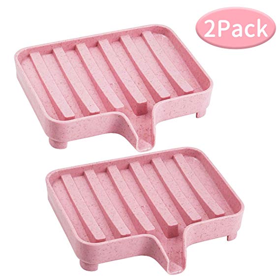 TOPSKY 2Pack Soap Dishes Waterfall, Soap Trays with Drain, Self Draining Soap Saver, Soap Holders for Bathroom and Kitchen (Pink)