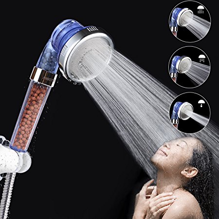 Ionic Shower Head Handheld Filter Filtration Showerhead High Pressure Water Saving with 3-Way Shower Modes for Dry Skin & Hair By Mibote (Blue)