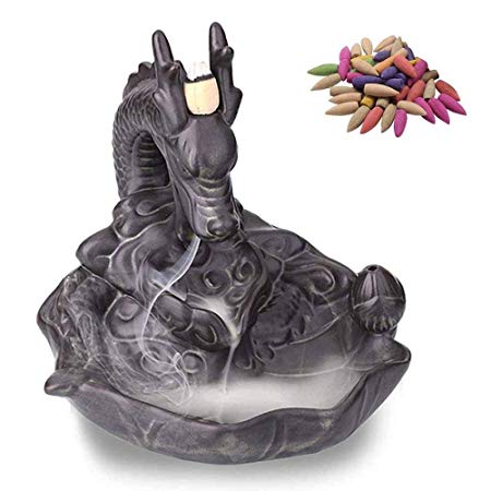 Boloniprod Incense Smoke Flow Backflow Holder Dragon Incense Holder Dragon Backflow Ceramic Backflow Incense Tower Burner Statue Figurine 10 Piece Incense Cone for Free (Style 1)