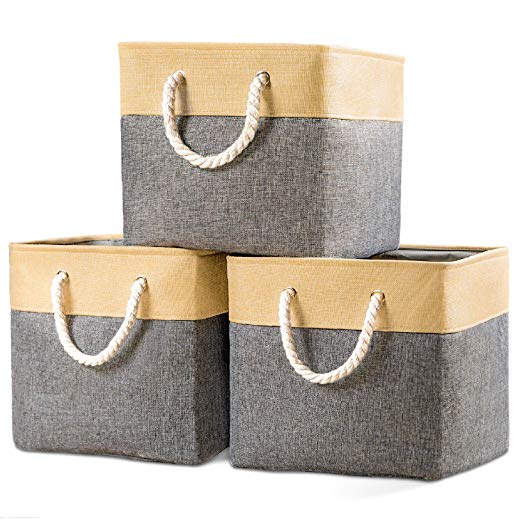 Prandom Large Foldable Cube Storage Baskets Bins 13x13 inch [3-Pack] Fabric Linen Collapsible Storage Bins Cubes Drawer with Cotton Handles Organizer for Shelf Toy Nursery Closet Bedroom(Gray/Beige)…