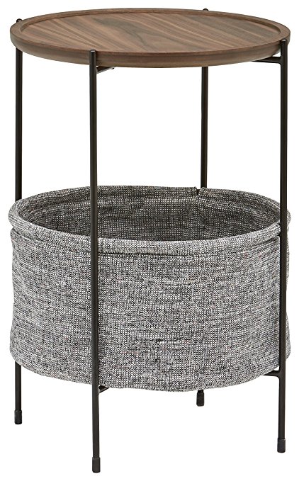 Rivet Meeks Round Storage Basket Side Table, Walnut and Grey Fabric