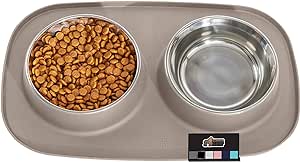 Gorilla Grip 100% Waterproof BPA Free Cat and Dog Bowls Silicone Feeding Mat Set, Stainless Steel Bowl Slip Resistant Raised Edges, Catch Water, Food Mess, No Spills, Pet Accessories, 3 Cup, Beige