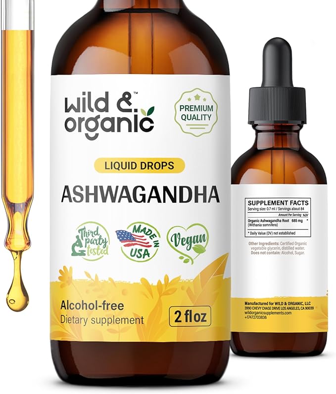 Ashwagandha Liquid Drops - Organic Ashwagandha Root Tincture for Stress and Mood Support - Ashwagandha Liquid Extract Supplement - Vegan, Alcohol-Free - 2 Fl Oz