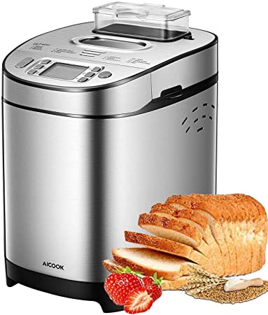 AICOOK Bread Maker, 2LB Stainless Steel Bread Machine with Gluten-Free Setting, Fruit Nut Dispenser, Large LCD display, Nonstick Pan, 3 Crust Colors & Keep Warm Set