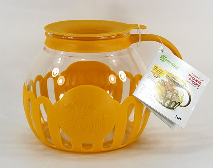 Ecolution Micro-Pop Microwave Popcorn Popper 3QT - Temperature Safe Glass w/Multi Purpose Lid (Large, Yellow)