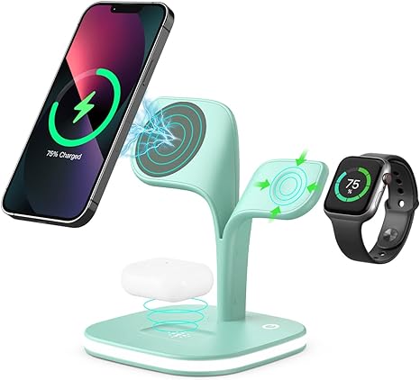 Charging Station, Magnetic Wireless Charger, EXW 5 in 1 Fast Mag-Safe Wireless Charger Stand for iPhone 14,13,12 Pro/Max/Mini/Plus, Apple Watch 8/7/6/SE/5/4/3/2 and Airpods 3/2/Pro/Pro 2（Green）