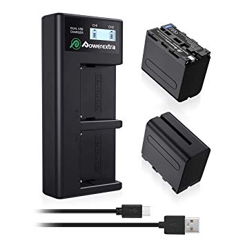 NP-F970, NP-F960, NP-F930, NP-F950, Powerextra 2 X Replacement Battery and Dual LCD Battery Charger Compatible with Sony DCR-VX2100, DSR-PD150, DSR-PD170, FDR-AX1, HDR-AX2000, HDR-FX1, HDR-FX7