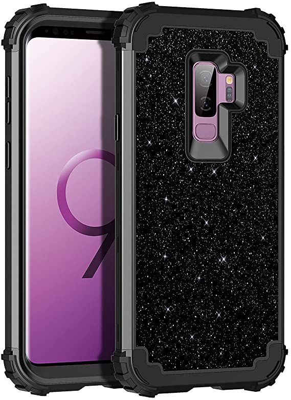 Lontect for Galaxy S9 Plus Case, S9  Case Glitter Sparkle Bling 3 in 1 Heavy Duty Hybrid Sturdy High Impact Shockproof Cover Case for Samsung Galaxy S9 Plus, Black