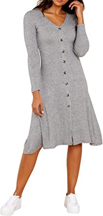 R.Vivimos Women's Winter Cotton Long Sleeves V-Neck Casual Button Down Knit Sweater Midi Dress