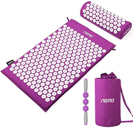 Aerb Acupressure Mat, Acupuncture Mat and Pillow with Massage Stick: Spike Pressure Mat for Yoga for Relaxation and Pain Relief, Washable with Carry Bag