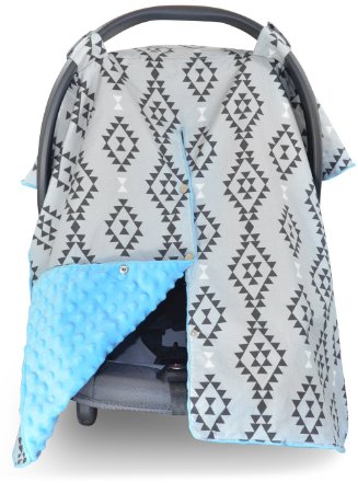 Premium Carseat Canopy Cover and Nursing Cover- Large Aztec Pattern w/ Blue Minky | Best Infant Car Seat Canopy, Boy or Girl | Cool/ Warm Weather Car Seat Cover | Baby Shower Gift 4 Breastfeeding Moms