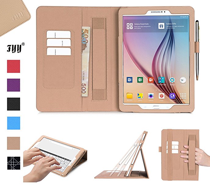 Galaxy Tab S2 9.7 Case, Samsung Galaxy Tab S2 9.7 Case, Fyy [Super Functional Series] Premium PU Leather Case Stand Cover with Card Slots, Note Holder, Quality Hand Strap and Elastic Strap for Samsung Galaxy Tab S2 9.7 Gold (With Auto Wake/Sleep Feature)