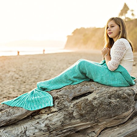 Riviera Mermaid Tail Blanket   Bonus Seashell Necklace and Mermaid Bookmark - The Softest Cozy Seatail Mermaid Blanket for Kids and Adults - Magical Crochet Blanket Throw for Sleepover Fun! (Aqua)