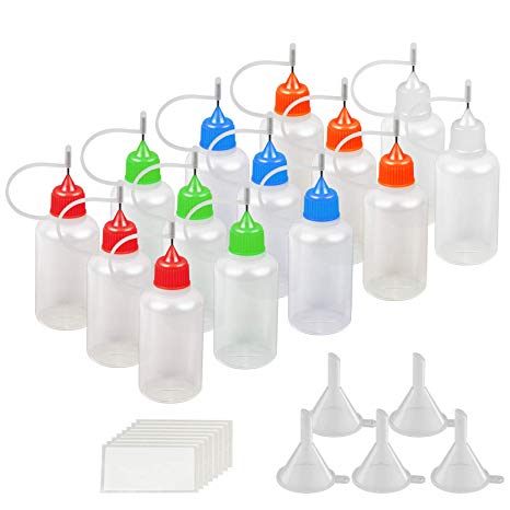 Precision Tip Applicator Bottle KAKOO 14 Pack 30ml / 1 Ounce Quilling Tool Glue Plastic Liquid Dropper Bottles for DIY Craft Painting with 5 Pcs Mini Plastic Funnel and Address Labels(Mixed)