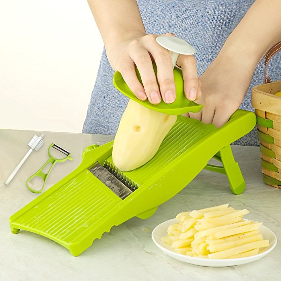 Ourokhome French Fry Cutter Adjustable Mandoline Silcer Cheese Grater for Onion Rings, Potato Chips with Cleaning Brush and Vegetable Peeler