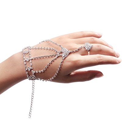 Onegood Rhinestone Hand Harness Bracelet Bangle Slave Chain Link Finger Ring Bracelet